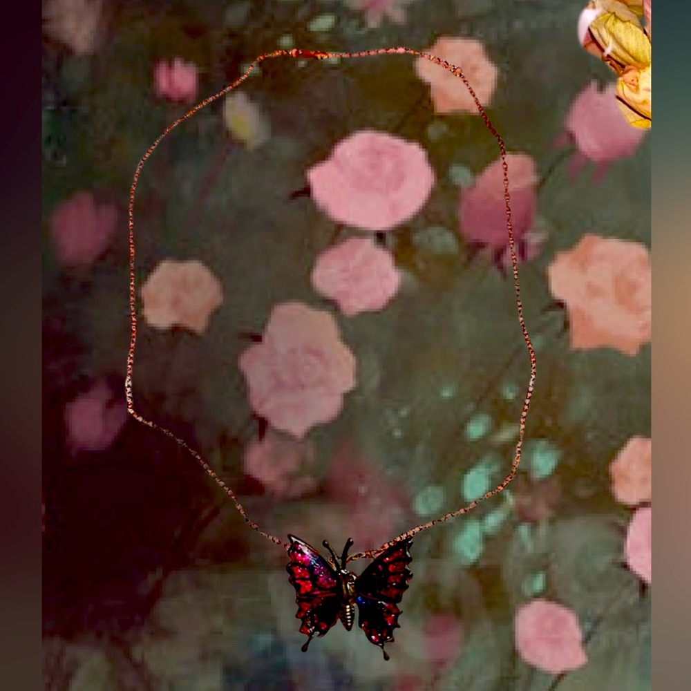 Vintage Rose Gold Butterfly Necklace with Fuchsia and Purple Enamel
